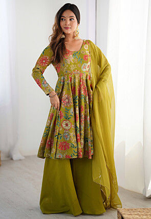 Digital Printed Chanderi Silk Pakistani Suit in Olive Green