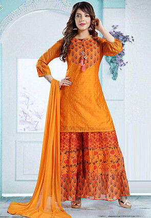 Digital Printed Chanderi Silk Pakistani Suit in Orange
