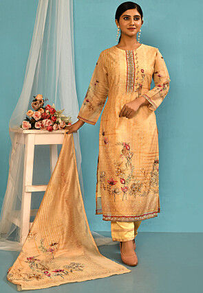 Digital Printed Chanderi Silk Pakistani Suit in Peach