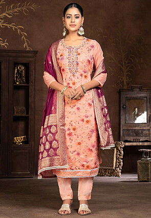 Digital Printed Chanderi Silk Pakistani Suit in Peach