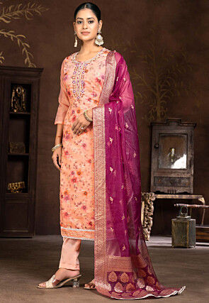 Digital Printed Chanderi Silk Pakistani Suit in Peach