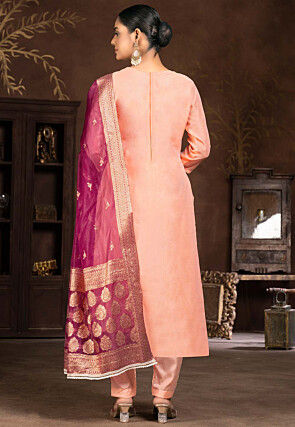 Digital Printed Chanderi Silk Pakistani Suit in Peach