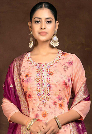 Digital Printed Chanderi Silk Pakistani Suit in Peach
