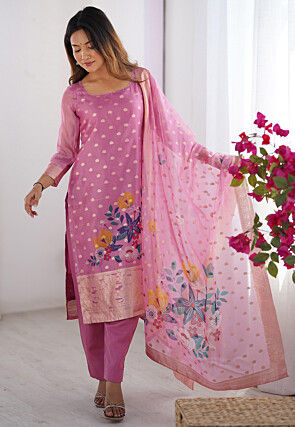 Digital Printed Chanderi Silk Pakistani Suit in Pink