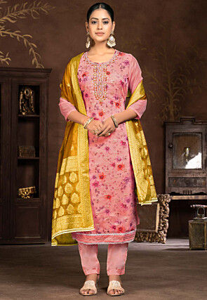 Digital Printed Chanderi Silk Pakistani Suit in Pink