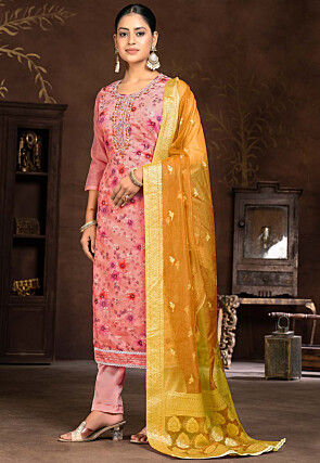 Digital Printed Chanderi Silk Pakistani Suit in Pink