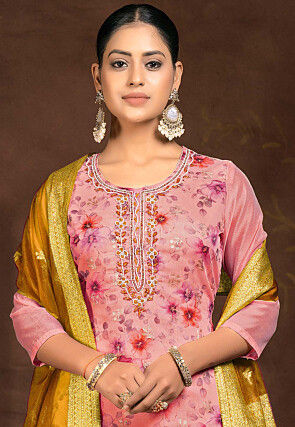 Digital Printed Chanderi Silk Pakistani Suit in Pink