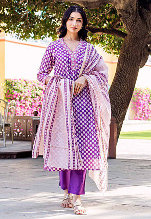 Digital Printed Chanderi Silk Pakistani Suit in Purple