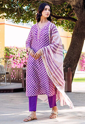 Digital Printed Chanderi Silk Pakistani Suit in Purple