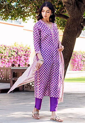 Digital Printed Chanderi Silk Pakistani Suit in Purple