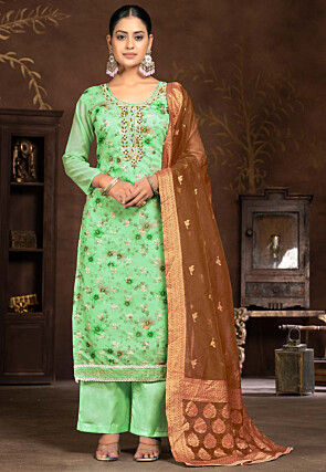 Digital Printed Chanderi Silk Pakistani Suit in Light Green