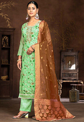 Digital Printed Chanderi Silk Pakistani Suit in Light Green