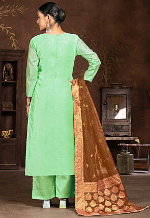 Digital Printed Chanderi Silk Pakistani Suit in Light Green