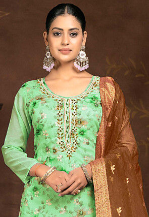 Digital Printed Chanderi Silk Pakistani Suit in Light Green