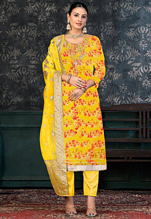 Digital Printed Chanderi Silk Pakistani Suit in Yellow