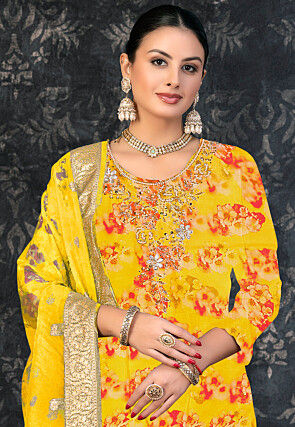 Digital Printed Chanderi Silk Pakistani Suit in Yellow