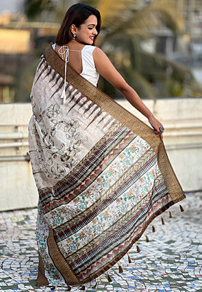 Digital Printed Chanderi Silk Saree in Beige