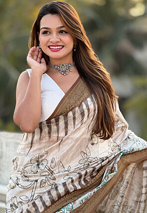 Digital Printed Chanderi Silk Saree in Beige