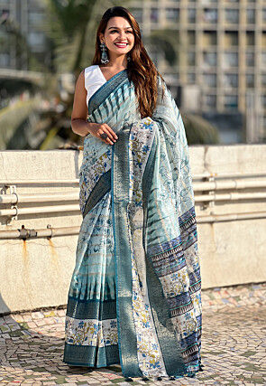 Digital Printed Chanderi Silk Saree in Blue