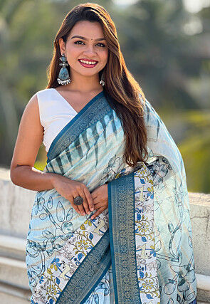 Digital Printed Chanderi Silk Saree in Blue
