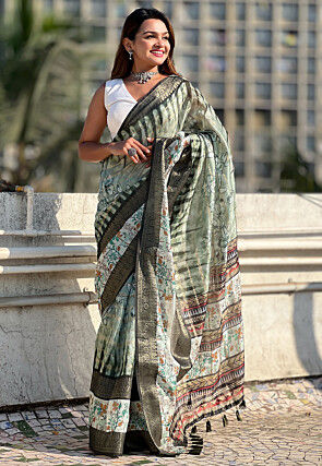 Digital Printed Chanderi Silk Saree in Dusty Green