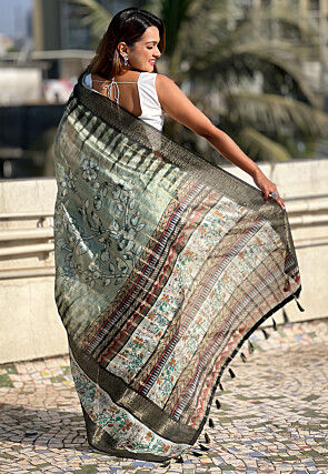 Digital Printed Chanderi Silk Saree in Dusty Green