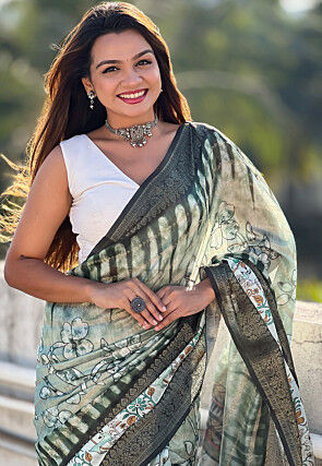 Digital Printed Chanderi Silk Saree in Dusty Green