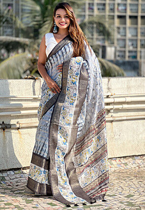 Digital Printed Chanderi Silk Saree in Grey