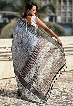 Digital Printed Chanderi Silk Saree in Grey