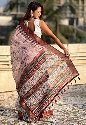 Digital Printed Chanderi Silk Saree in Peach