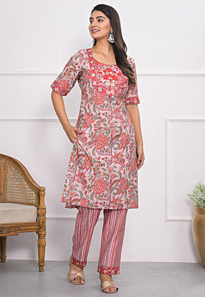 Digital Printed Chanderi Silk Straight Kurta Set in Pink