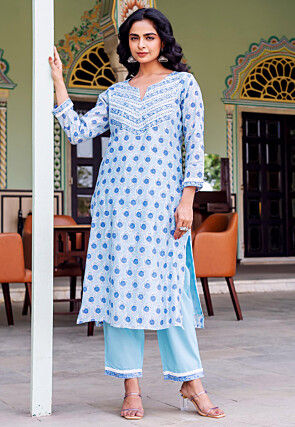 Digital Printed Chanderi Silk Straight Kurta Set in Sky Blue