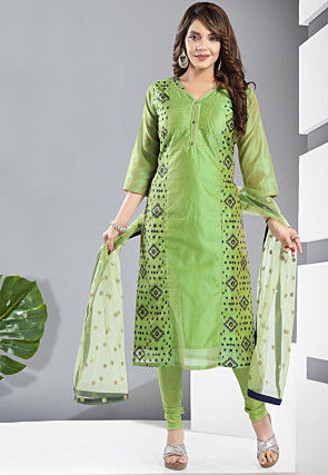 Digital Printed Chanderi Silk Straight Suit in Light Green