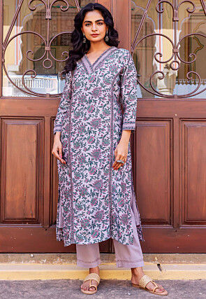 Digital Printed Chanderi Straight Kurta Set in Light Purple