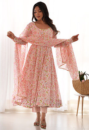 Digital Printed Chiffon A Line Suit in Baby Pink