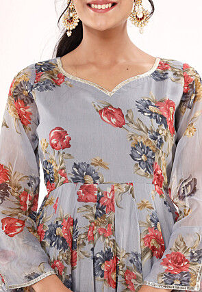 Digital Printed Chiffon A Line Suit in Grey