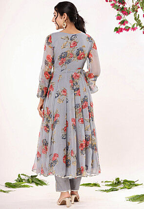 Digital Printed Chiffon A Line Suit in Grey