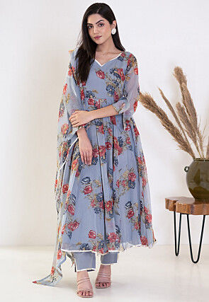 Digital Printed Chiffon A Line Suit in Grey