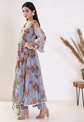 Digital Printed Chiffon A Line Suit in Grey