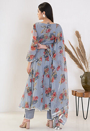 Digital Printed Chiffon A Line Suit in Grey