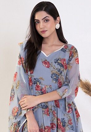 Digital Printed Chiffon A Line Suit in Grey