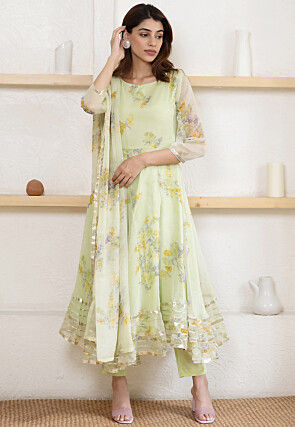 Digital Printed Chiffon A Line Suit in Light Green