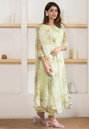 Digital Printed Chiffon A Line Suit in Light Green