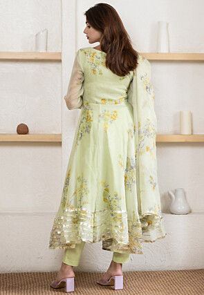 Digital Printed Chiffon A Line Suit in Light Green