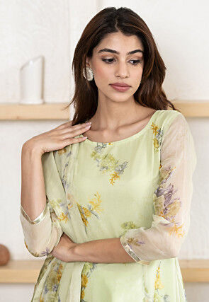 Digital Printed Chiffon A Line Suit in Light Green