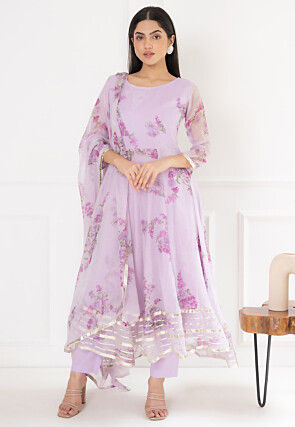 Digital Printed Chiffon A Line Suit in Light Purple