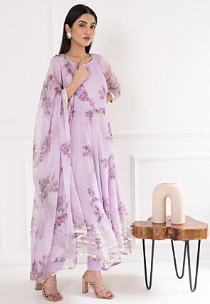 Digital Printed Chiffon A Line Suit in Light Purple