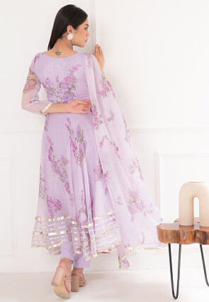 Digital Printed Chiffon A Line Suit in Light Purple