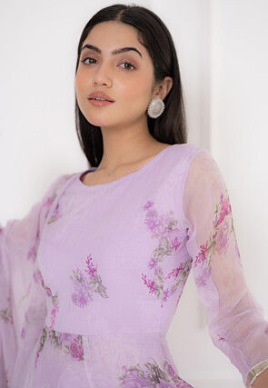 Digital Printed Chiffon A Line Suit in Light Purple