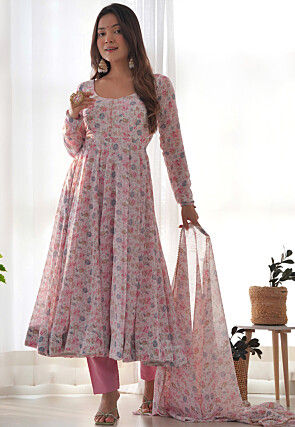 Digital Printed Chiffon A Line Suit in Off White